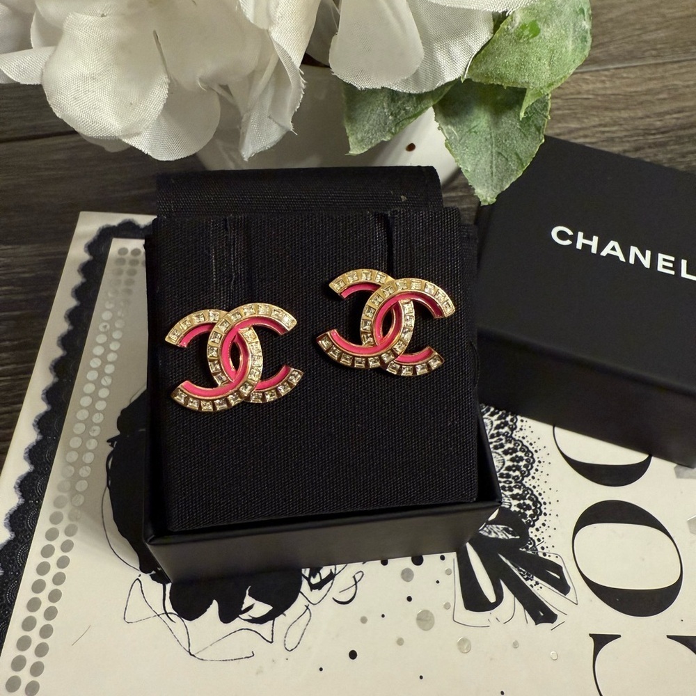 CHANEL 2024 Large Pink Crystal CC Earrings